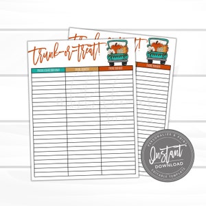 Puede incluir: Un cartel imprimible para un evento de "trunk-or-treat" con un camión de dibujos animados lindo lleno de calabazas y follaje de otoño. El cartel tiene espacios para escribir el nombre del padre, la dirección de correo electrónico y el número de teléfono.