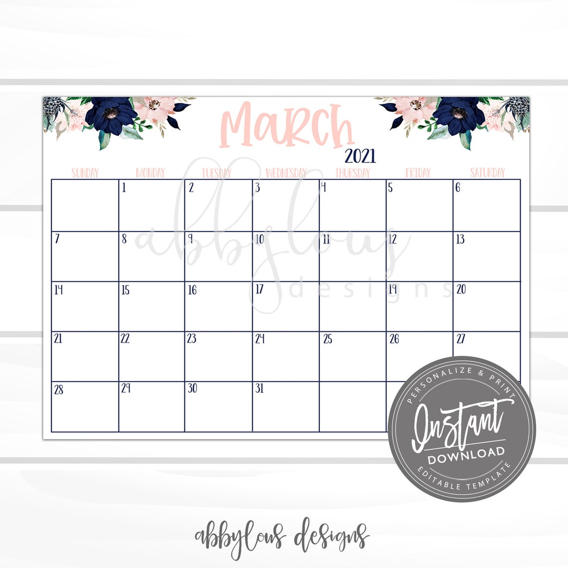 Editable march calendar printable desk calendar editable etsy