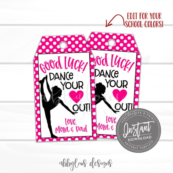 Etiquetas de buena suerte de baile EDITABLE, etiquetas a favor del equipo de baile imprimible, etiqueta de regalo personalizada, etiqueta de buena suerte personalizada, ACCESO INSTANTÁNEO