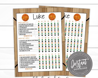 May include: A printable chore chart for kids featuring a basketball theme. The chart is designed for a child named Luke and includes daily tasks for getting ready in the morning, getting ready for bed, and tasks to complete when they get home from school. The chart has a woodgrain background and a basketball graphic.