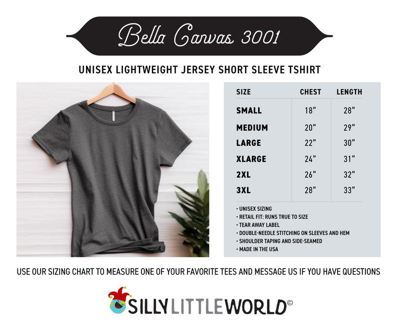 May include: A unisex short-sleeved t-shirt made of lightweight jersey fabric. The t-shirt is available in sizes small to 3XL. The size chart shows the chest and length measurements in inches for each size. The t-shirt is made in the USA.