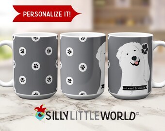 Great Pyrenees Personalized Mug: Cute Pyr Paw Hello, 15oz Ceramic Coffee Cup for Dog Lovers, Custom Name Gift for New Pet, XL Hot Beverage