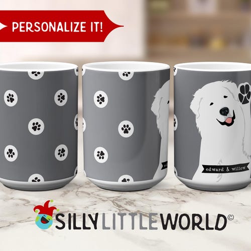 Great Pyrenees Personalized Mug: Cute Pyr Paw Hello, 15oz Ceramic Coffee Cup for Dog Lovers, Custom Name Gift for New Pet, XL Hot Beverage
