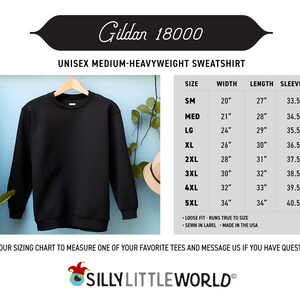 May include: A black Gildan 18000 unisex medium-heavyweight sweatshirt with a size chart showing measurements in inches. The chart includes sizes from small to 5XL.