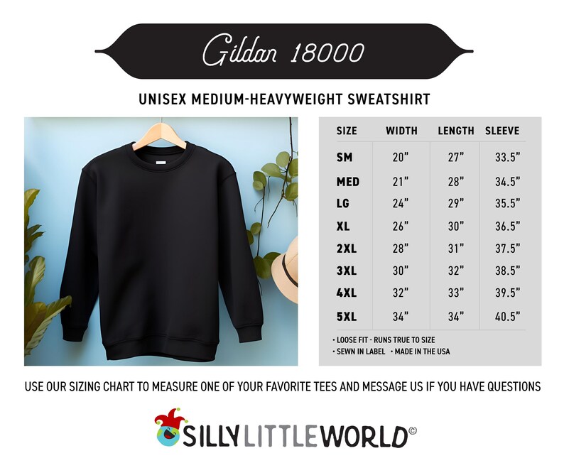 May include: A black Gildan 18000 unisex medium-heavyweight sweatshirt with a size chart showing measurements in inches. The chart includes sizes from small to 5XL.