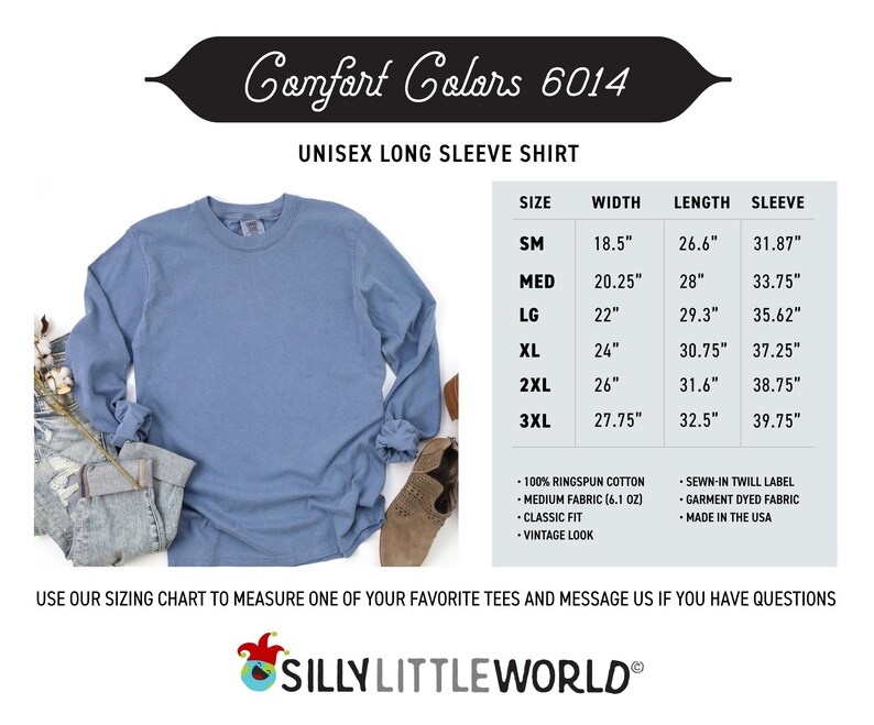 K&ouml;nnte beinhalten: Ein hellblaues Langarmshirt mit dem Text "Comfort Colors 6014" und "Unisex Long Sleeve Shirt" auf wei&szlig;em Hintergrund. Eine Gr&ouml;&szlig;entabelle mit Ma&szlig;en in Zoll f&uuml;r Breite, L&auml;nge und &Auml;rmell&auml;nge ist enthalten.