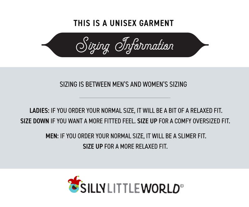 May include: Sizing information for a unisex garment. The text explains that the sizing is between men's and women's sizing. It also explains that ordering a normal size for women will result in a relaxed fit, while ordering a normal size for men will result in a slimmer fit.