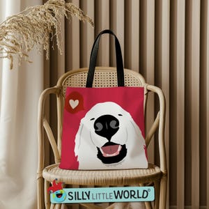 May include: A red tote bag with a white dog face and a red heart with a speech bubble. The text "Silly Little World" is printed on the bottom of the bag.