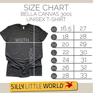 K&ouml;nnte beinhalten: Gr&ouml;&szlig;entabelle f&uuml;r Bella Canvas 3001 Unisex-T-Shirts. Die Tabelle zeigt die Breite und L&auml;nge in Zoll f&uuml;r die Gr&ouml;&szlig;en XS bis 3XL.