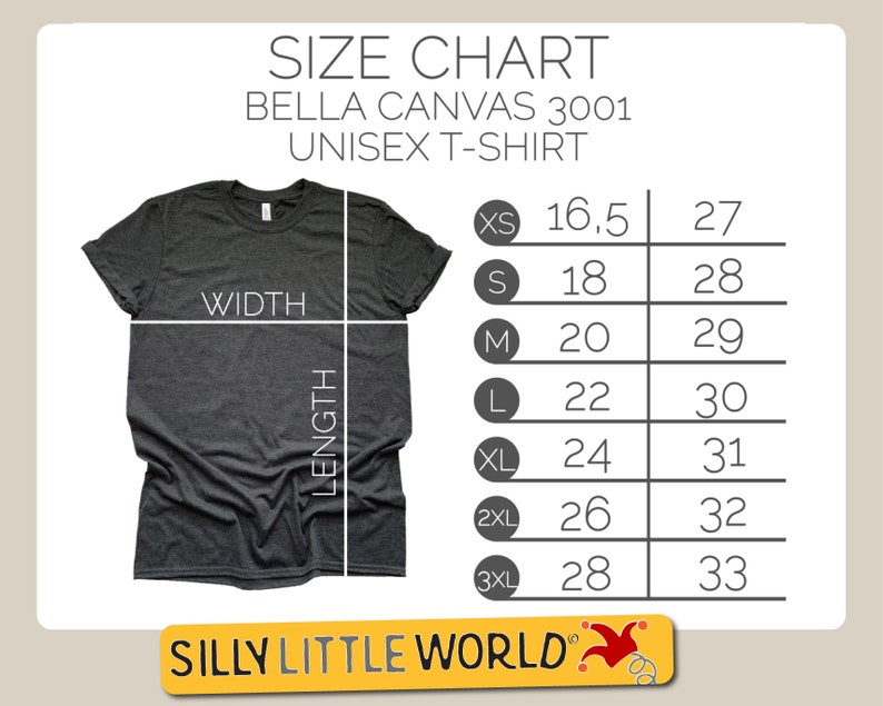 K&ouml;nnte beinhalten: Gr&ouml;&szlig;entabelle f&uuml;r Bella Canvas 3001 Unisex-T-Shirts. Die Tabelle zeigt die Breite und L&auml;nge in Zoll f&uuml;r die Gr&ouml;&szlig;en XS bis 3XL.