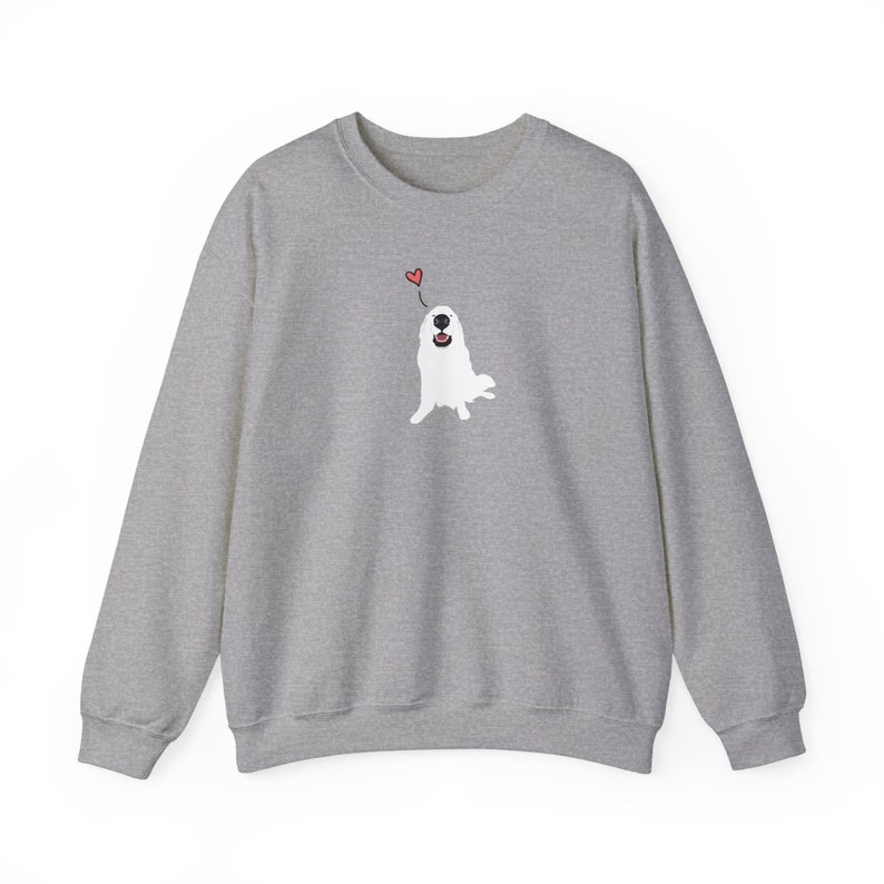 May include: A grey sweatshirt featuring a white dog illustration with a red heart above its head.