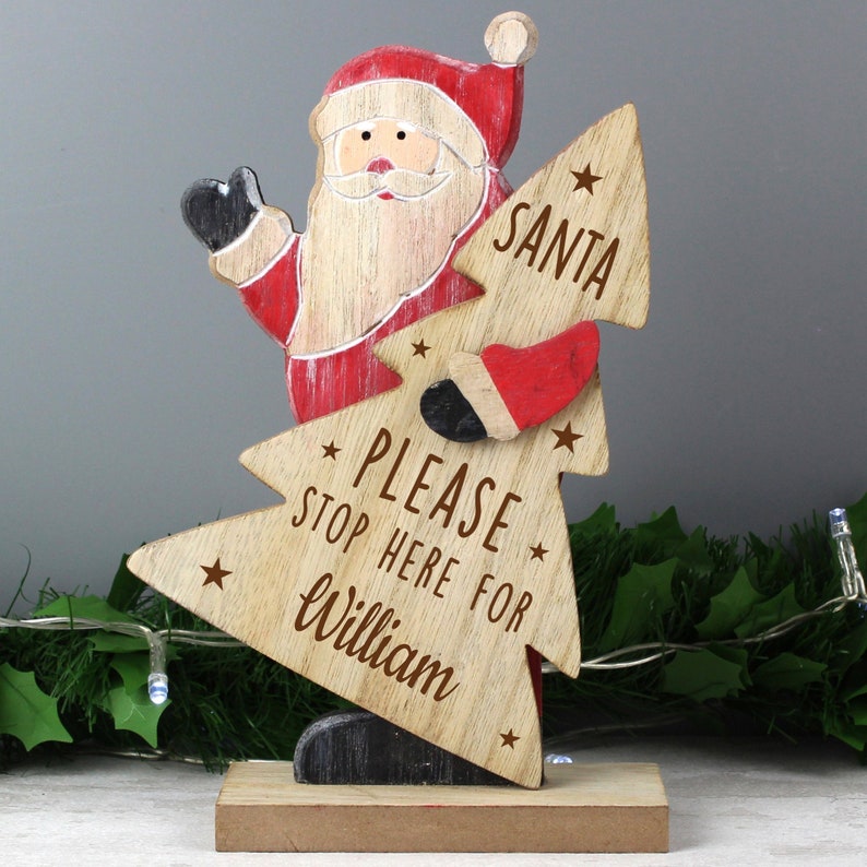 Personalised Santa Stop Here Wooden Santa Claus /& Christmas Tree Decoration