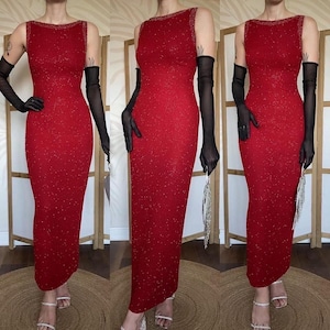Serenade vintage red 100% silk beaded fitted evening dress cocktail party uk 10/us 6/eu 38