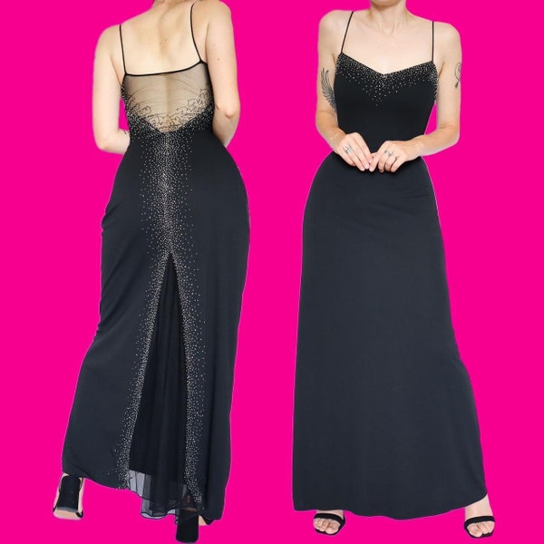 Beautiful Vintage Black Stretch Beaded Sheer Back Evening Ball Gown Prom Dress | UK 10/US 6/EU 38 | Elegant Formalwear, Timeless Glamour