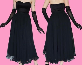 Falda larga vintage de gasa negra de Frank Usher, talla 10 del Reino Unido
