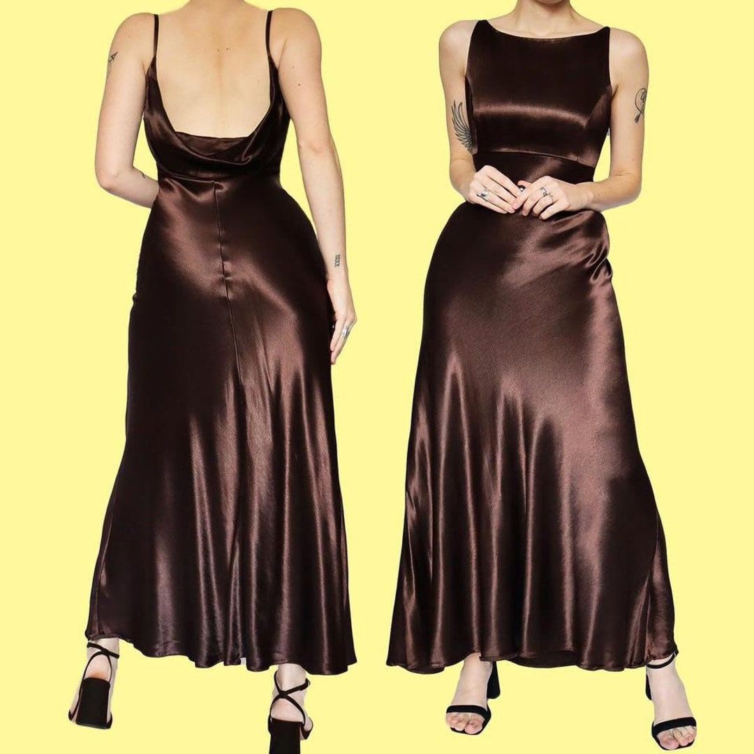 Elegant Silky Brown Low Back Evening Dress UK 14/US 10/EU 42 Stylish