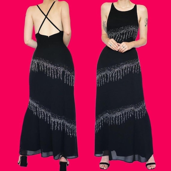 Vintage Black Beaded Designer YVE Evening Gown Dress UK 16