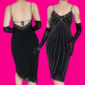 Black vintage beaded halterneck midi dress UK 10