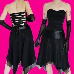 Black vintage Charas strapless lace up back midi dress evening dress UK XS