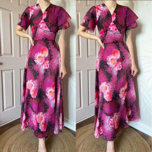 Beautiful vintage 70s pink frill floral print maxi evening dress UK 8