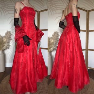 Dynasty vintage red beaded fit and flare prom dress & shawl uk 6/us 2/eu 34