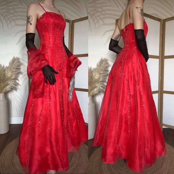 Dynasty Vintage Red Beaded Fit and Flare Prom Dress & Shawl UK 6/US 2/EU 34
