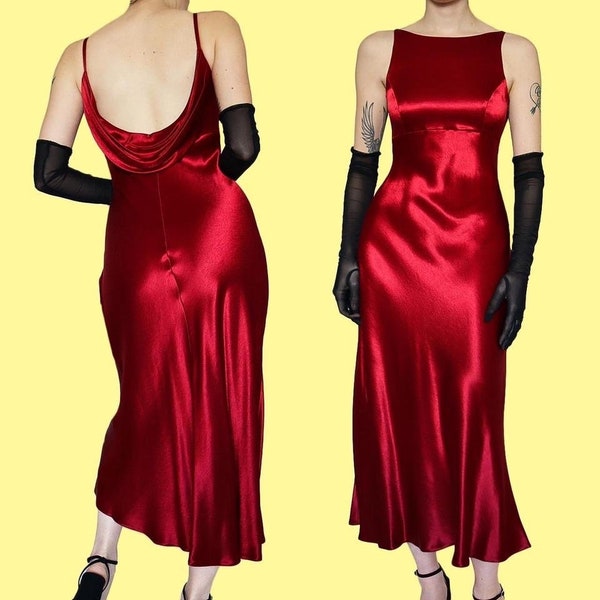 Red satin petite low back evening dress UK 8/S