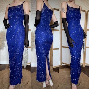 Vintage Roots electric blue 100% silk beaded/sequin evening dress uk 8-10