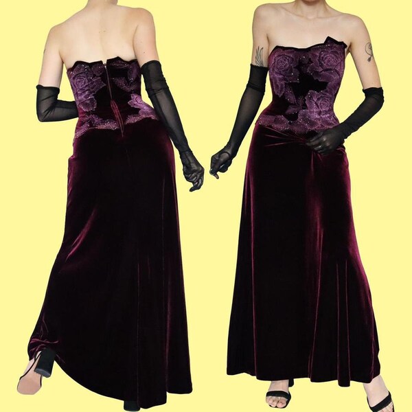 Burgundy vintage designer Tadashi Shoji velvet evening prom ball gown dress UK 12-14