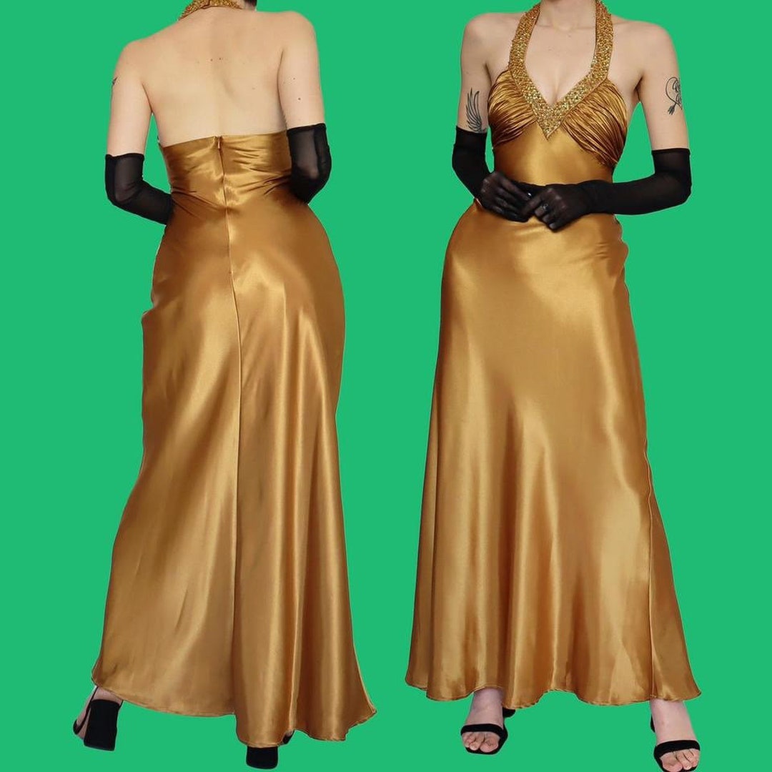 Glamorous Gold Satin Halter Neck Evening Dress UK 10 Stylish Formal