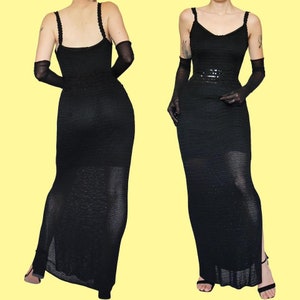 Chic Black Knit 90s Vintage Richards Sequin Evening Maxi Dress | UK 12/US 8/EU 40 | Timeless Elegance