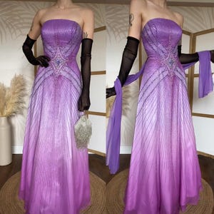 Vintage purple silk beaded strapless prom dress ball gown with shawl uk 12/us 8/eu 40