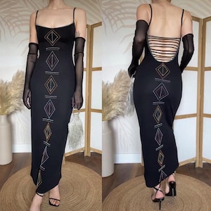 Karen Millen vintage 90s black stretch beaded evening dress uk 8-10