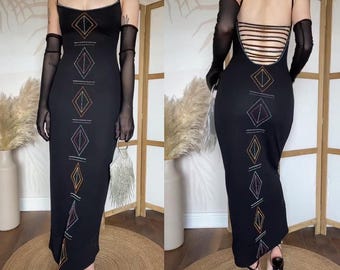 Karen Millen vintage 90s black stretch beaded evening dress uk 8-10
