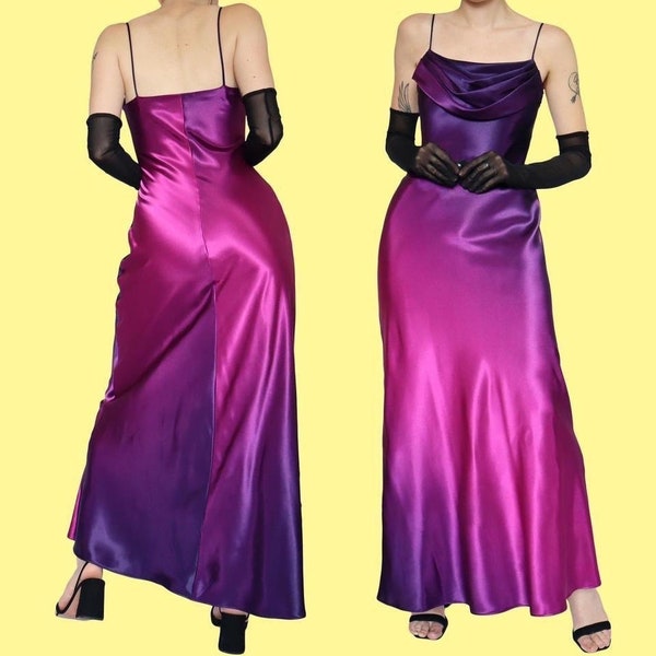 Robe de soirée rose et violet en satin dégradé