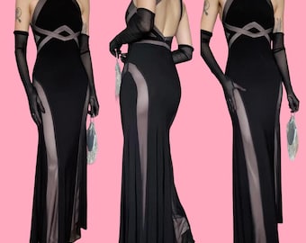Chic black stretch body-con fitted evening prom ball gown dress size UK 10