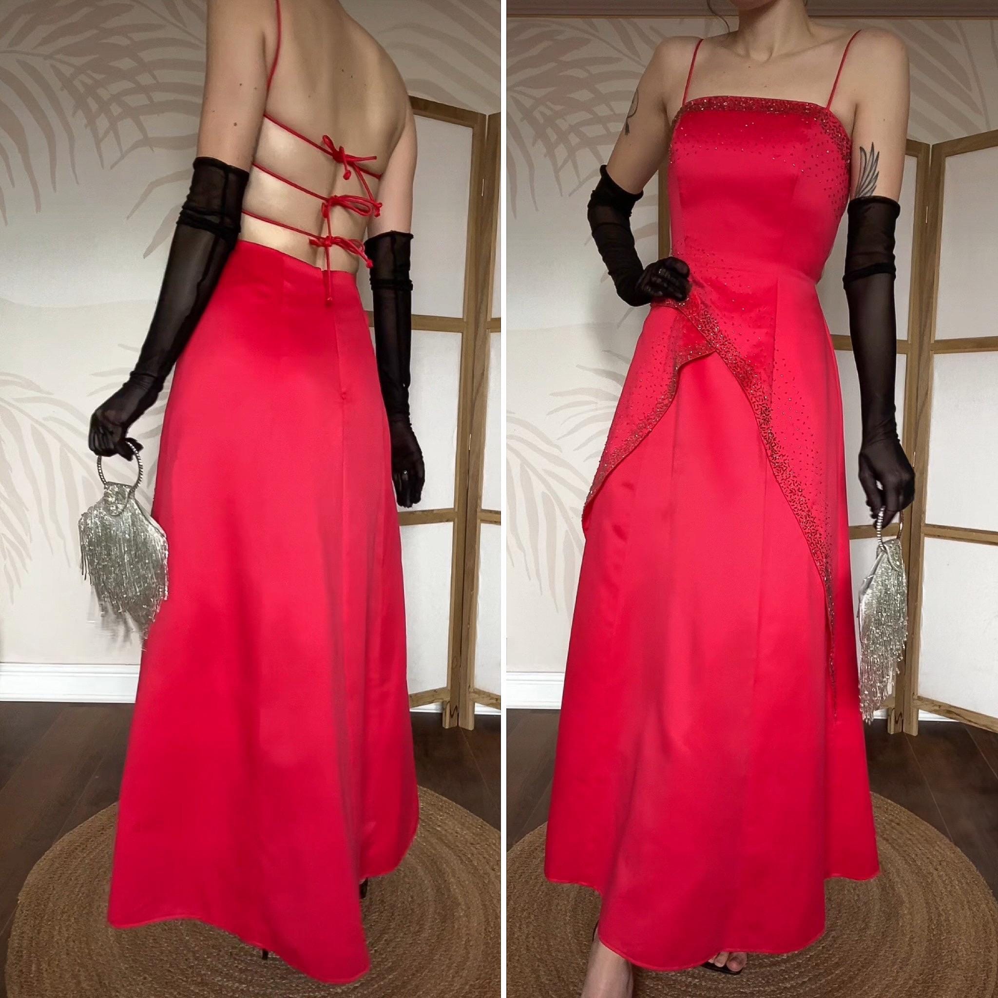 strapless open back dress Morgan iridescent red evening gown