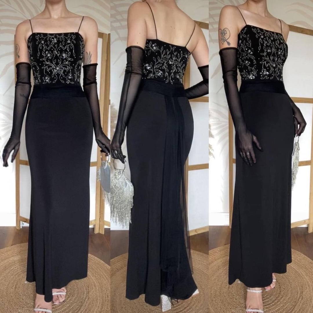 Flori Vintage 90s Black Stretch Beaded Evening Dress Prom Gown UK 6/US 2/EU 34