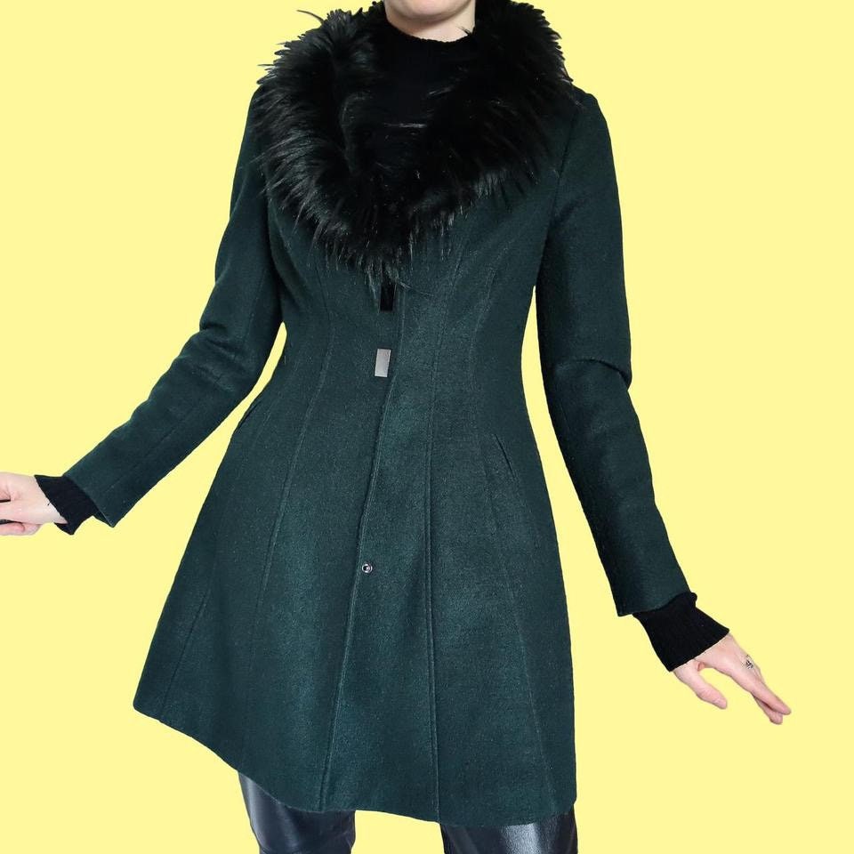 【Vintage】90s Dark Green Fake Fur-Coat Emerald Green Mink fur coat With Fox collar | SKANDINAVIK FUR