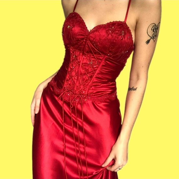 Beautiful silky red lace up corset maxi dress & sh