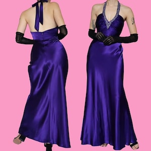 Lila Morgan & Co 2000er satin Neckholder Abendkleid UK 8