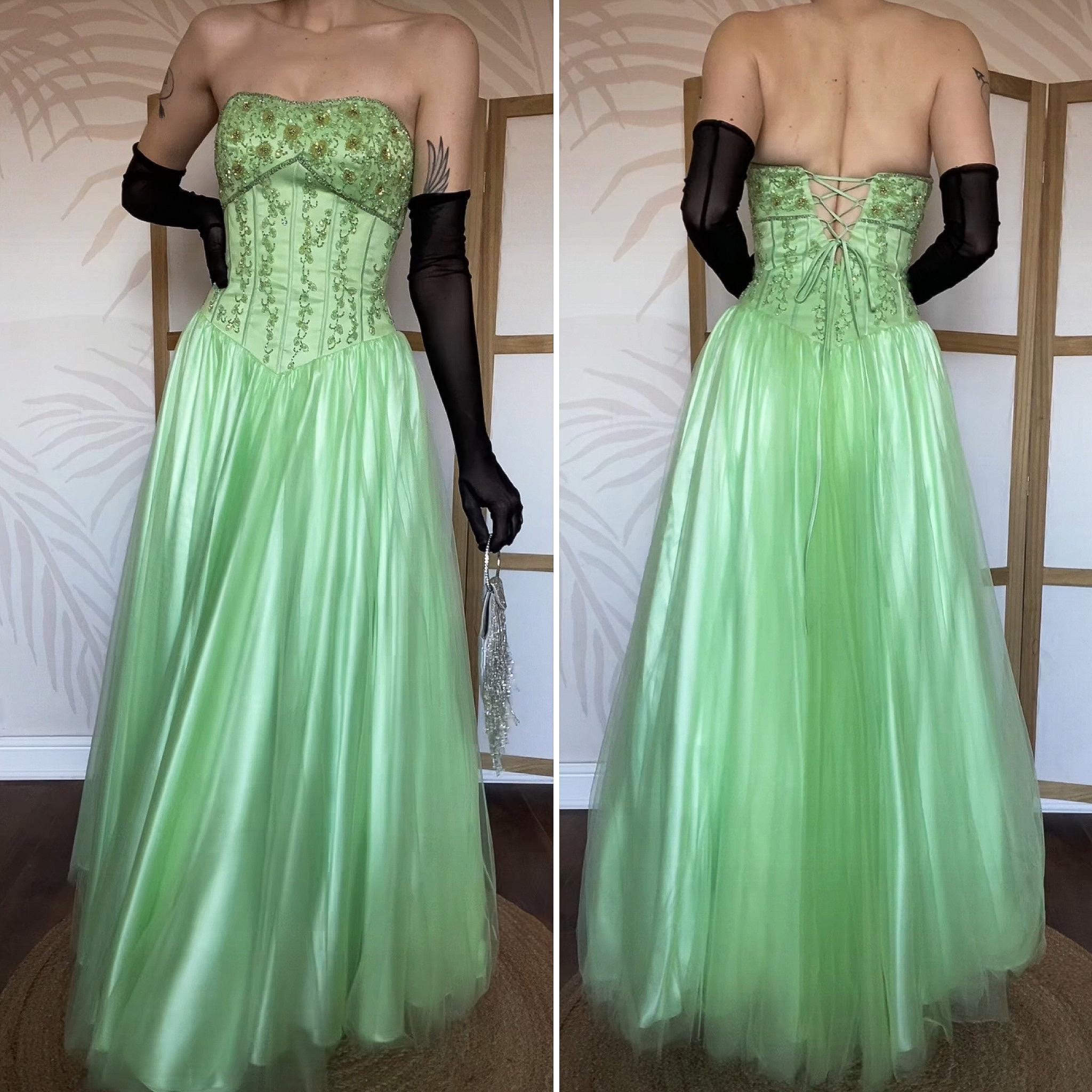 tiffany green prom dresses Bling Bright Strapless Beaded Dress Ball Gown Size Uk 8/small Our Best Sellers