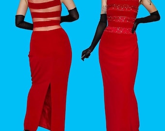 Vintage rojo John Charles con cuentas vestido de noche de espalda transparente Reino Unido 14/EE.UU. 10/UE 42