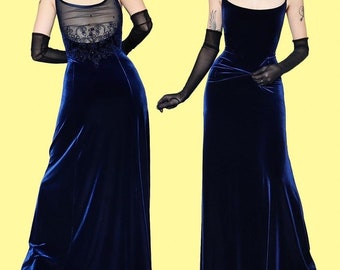 Gina Bacconi navy blue velvet stretch evening gown UK 14-16