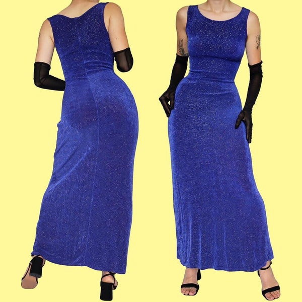 Vintage Blue Glittery Stretch Evening Party Dress | UK 12/US 8/EU 40 | Sparkling Formal Attire