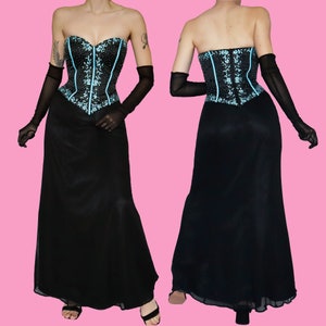 Black vintage Goya strapless corset silk evening gown prom dress UK 12