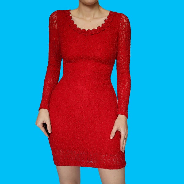 Red lace stretch long sleeve mini dress UK 10