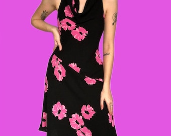 Superbe robe asymétrique florale vintage noir et rose UK 12