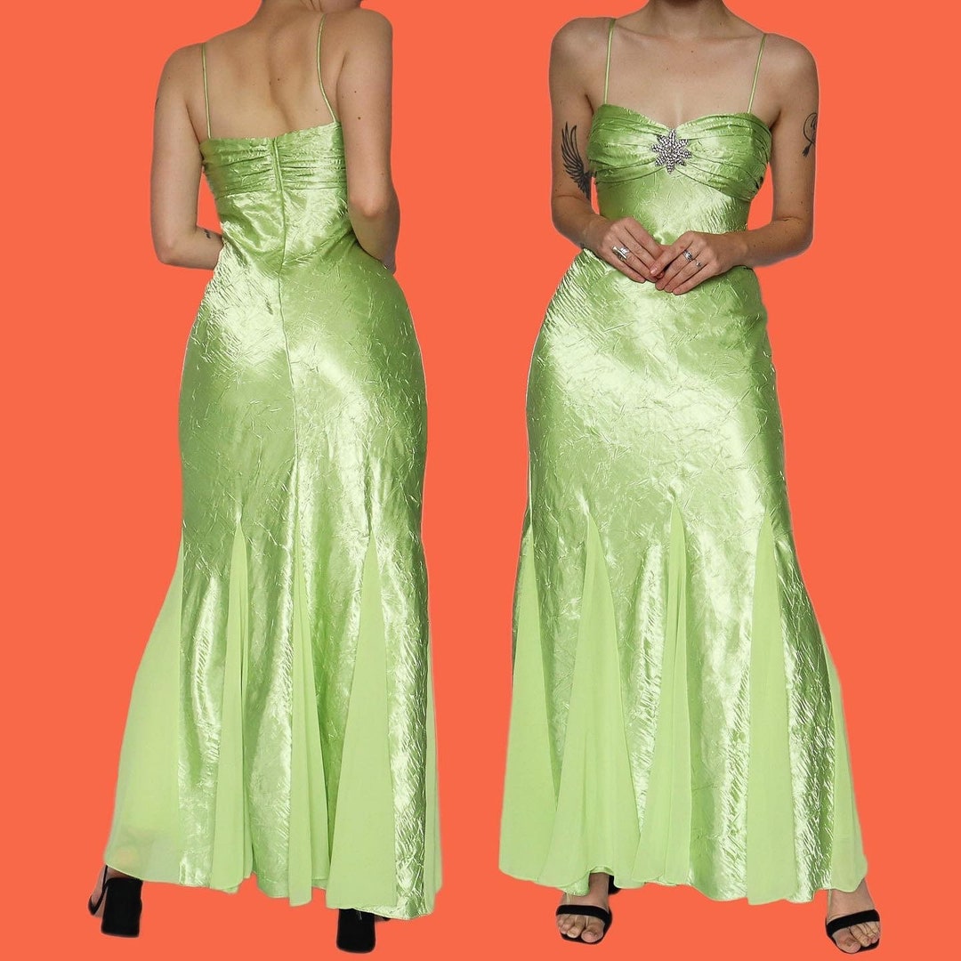 Silky Green Diamanté Evening Prom Dress UK 10 Etsy