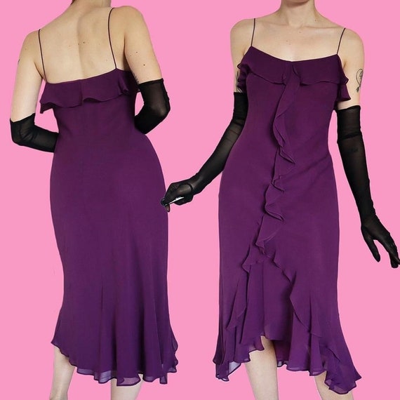 Purple Vtg Debut 100% Silk Frilly Midi Evening Dress UK 12 - Party Dress, Formal Dress, Slip Dress